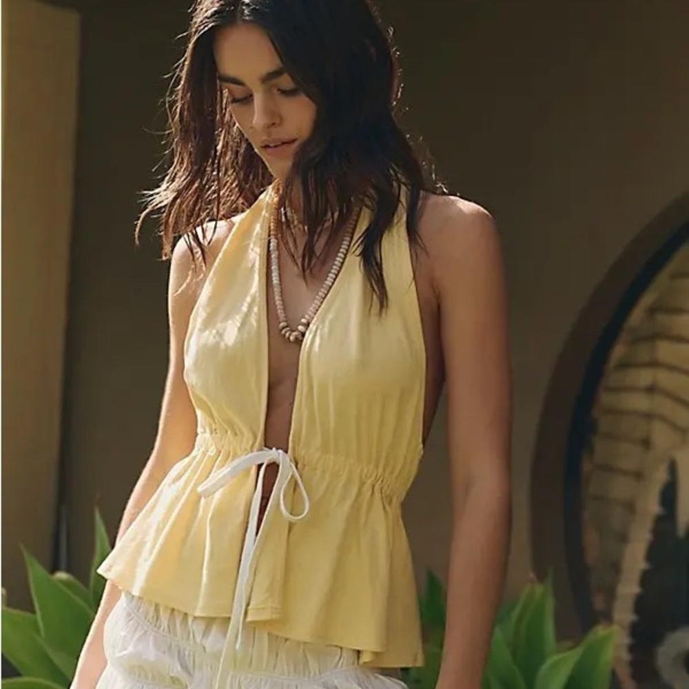 Free People Yellow Halter Tie-Waist Peplum Top